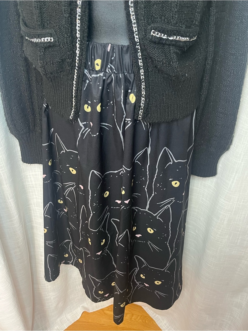 Black Cat Print midi flowy A-Line Skirt elastic waist M/L Halloween goth witchy
